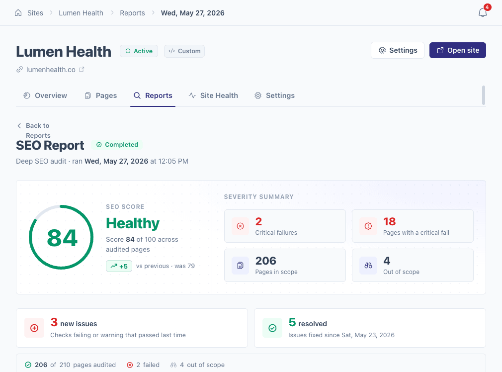 CrawlDesk SEO report with score and severity summary